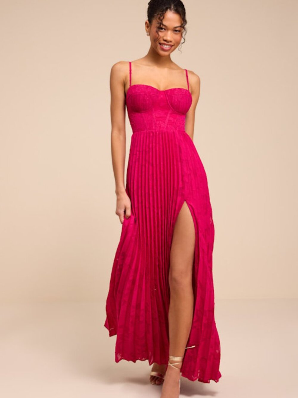 Lulus Dacie Fuchsia Floral Burnout Pleated Bustier Maxi Dress Pink - Size XL